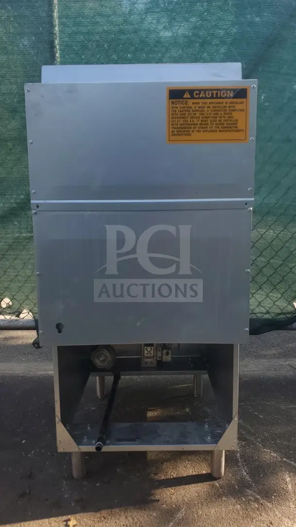 Rocket Cooking 40 lb Capacity Commercial Gas Floor Fryer, stainless steel body, caution label visible, sturdy condition.