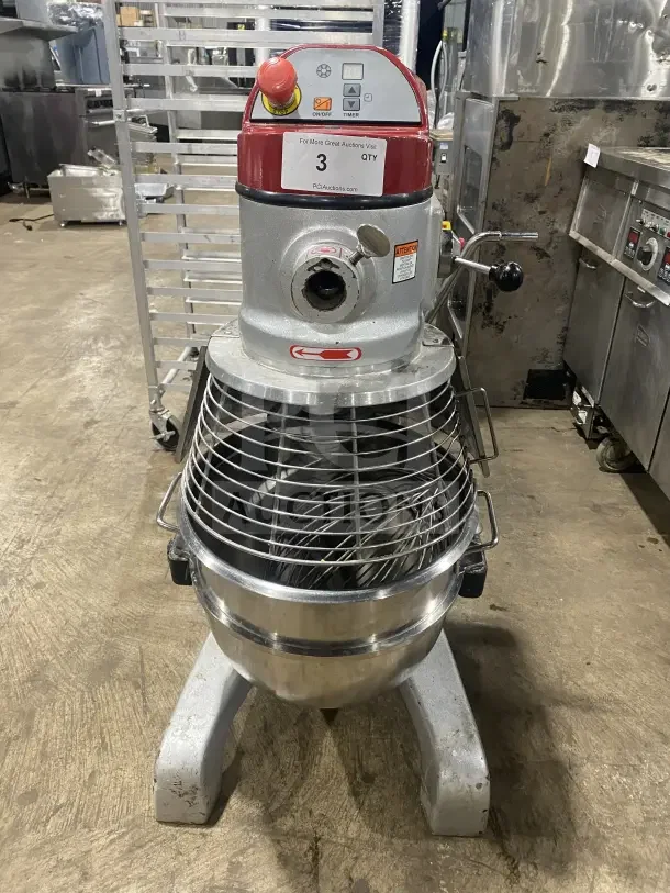 Axis AX-M30 commercial 30 Qt. planetary mixer with stainless bowl guard and spiral dough hook. Electric, 110V, used condition.