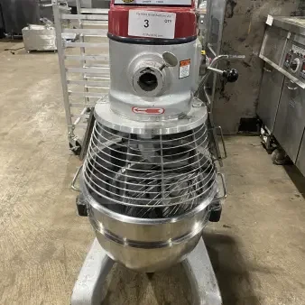 Axis AX-M30 commercial 30 Qt. planetary mixer with stainless bowl guard and spiral dough hook. Electric, 110V, used condition.