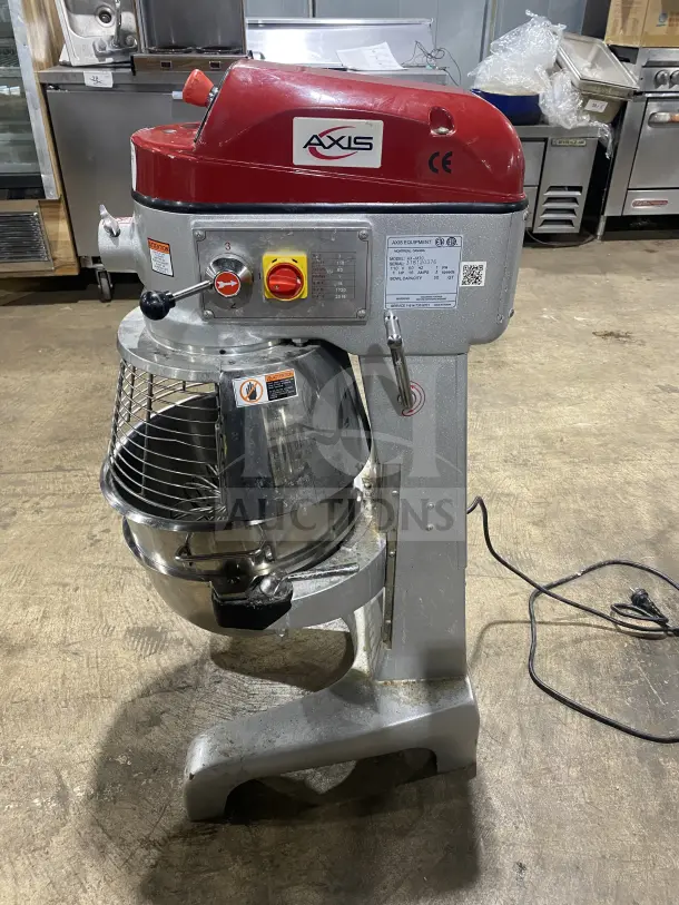 Axis AX-M30 30 Qt. Commercial Mixer, features stainless steel bowl guard, spiral dough hook, 110V, SN: 318120376.