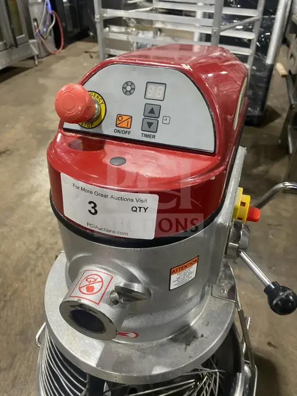 Axis AX-M30 30 Qt. commercial mixer, stainless steel bowl guard, spiral dough hook, emergency stop, 110V, used condition.