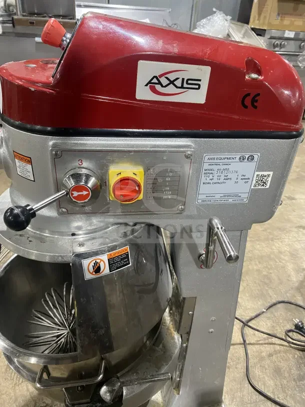 Axis AX-M30 commercial 30 qt. planetary mixer with stainless steel bowl guard and spiral dough hook, 110V, used condition.