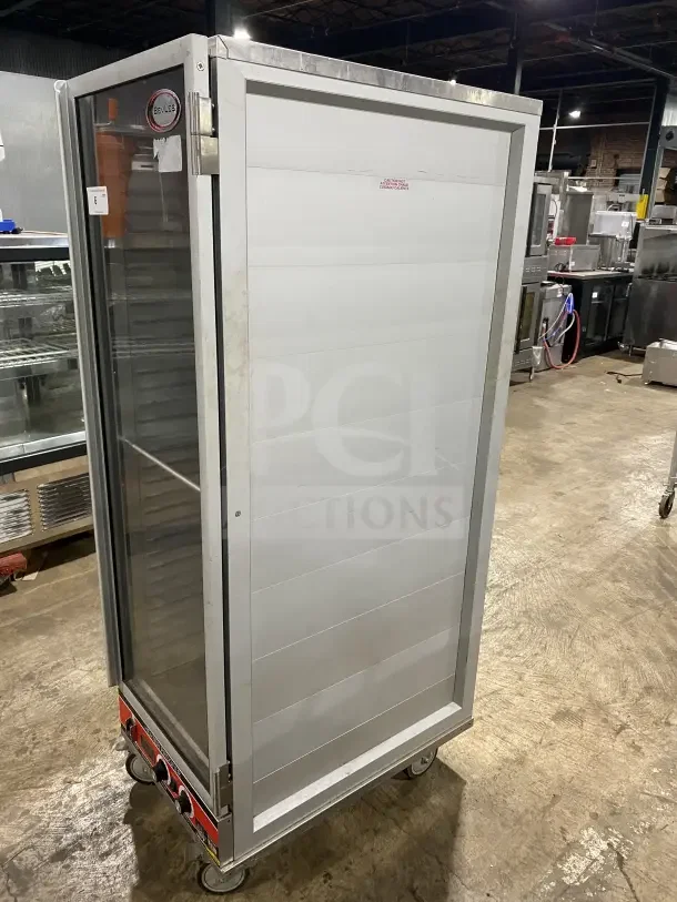Bevles HPC6836 stainless steel heated proofing cabinet, electric-powered, view-through door, on casters, excellent condition.