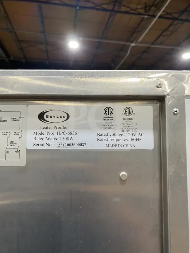 Bevles HPC6836 electric heated proofing cabinet, stainless steel, on casters, 120V, 1500W. Serial: 2312003600027.