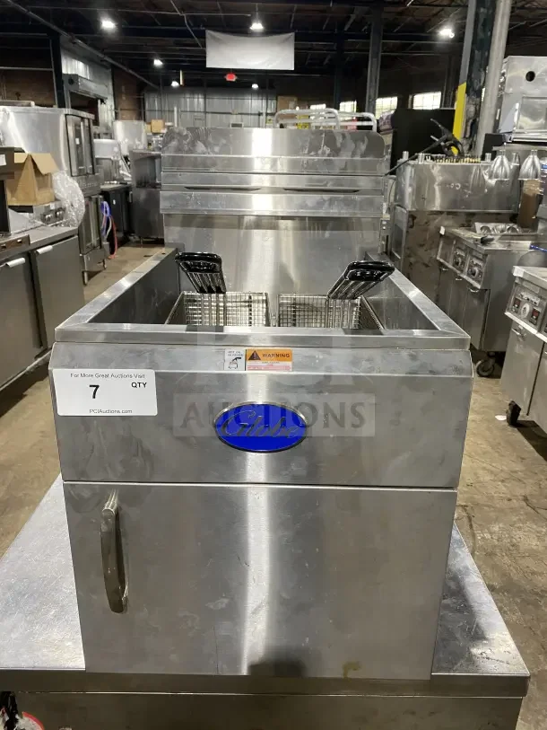 Globe GF30G deep fat fryer, stainless steel, natural gas, late model, with backsplash, basket hanger, and fry baskets.