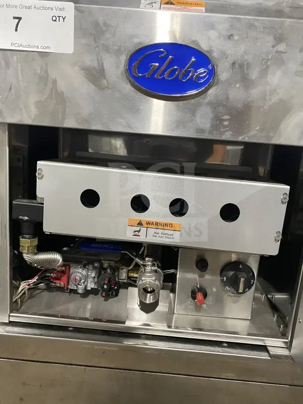 Globe GF30G countertop deep fat fryer, stainless steel, natural gas powered, with back splash, basket hanger, and fry baskets.