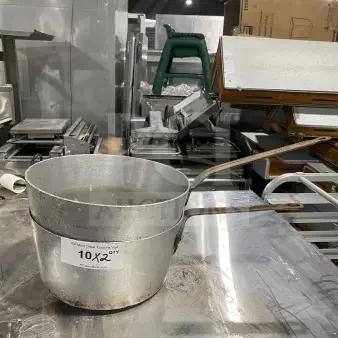L&G commercial aluminum tapered sauce pans with heavy duty handles, showing signs of use; label reads "10 x 2 QTY".