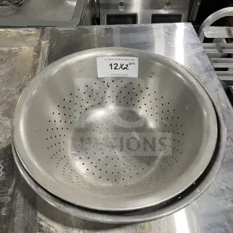 Commercial stainless steel colanders, set of two. Durable, used. Label indicates doubling of bid quantity.