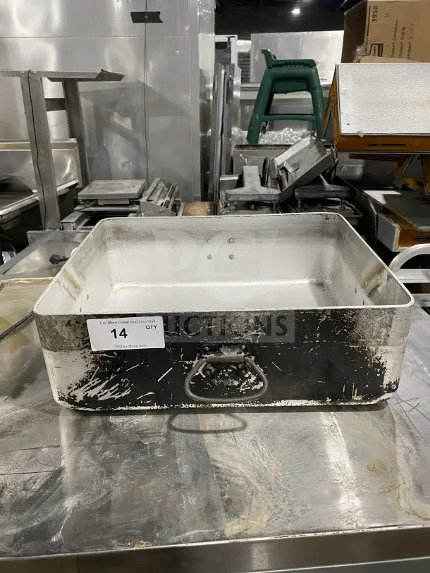 Commercial heavy-duty aluminum roast/bake pan with drop handles, used condition, noticeable wear, auction tag "14".