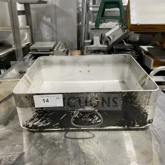 Commercial heavy-duty aluminum roast/bake pan with drop handles, used condition, noticeable wear, auction tag "14".