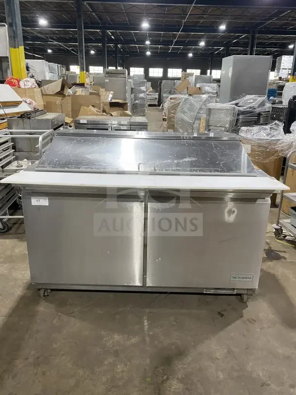 Supera PS61MTHC 2-Door Refrigerated Pizza Prep Table, stainless steel, on casters, 115V 1Phase, model SN: 1903SUPQ1879.