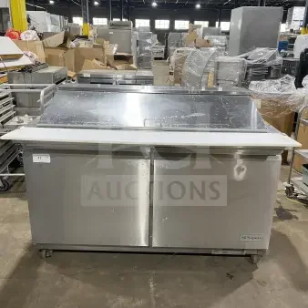 Supera PS61MTHC 2-Door Refrigerated Pizza Prep Table, stainless steel, on casters, 115V 1Phase, model SN: 1903SUPQ1879.
