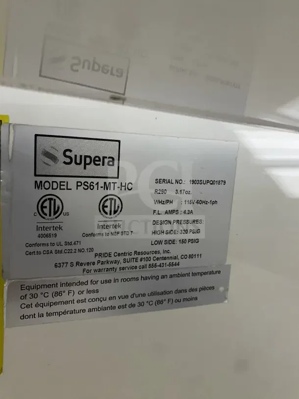 Supera Model PS61MTHC label showing serial number 1903SUPQ1879, 115V 1Phase, ETL certifications, and design pressures.