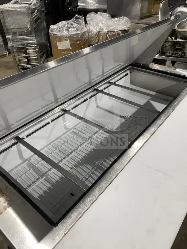 Supera PS61MTHC commercial 2-door refrigerated pizza prep table, stainless steel, 115V, 1 phase, on casters, open view.