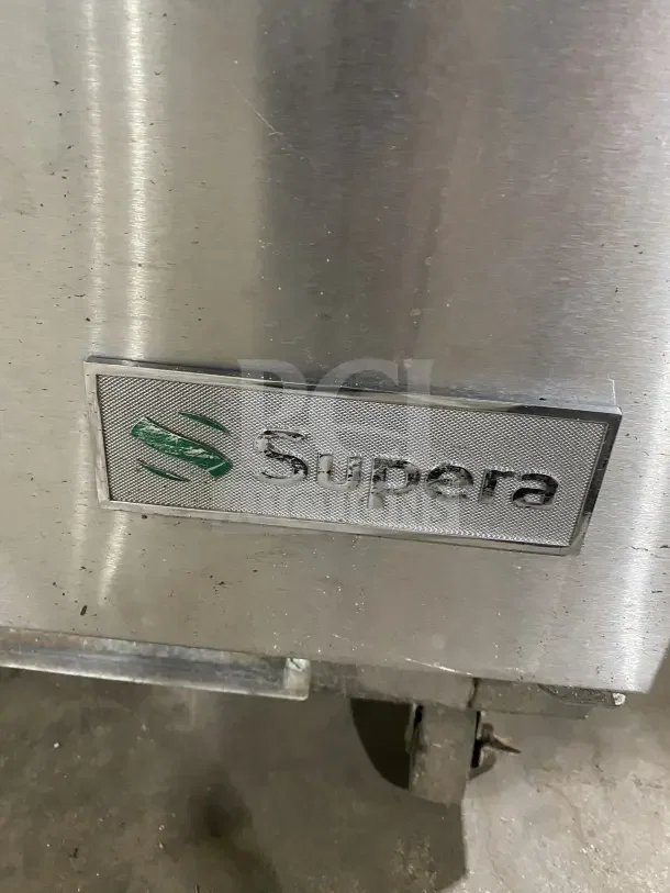 Supera 2-door stainless steel pizza prep table, model PS61MTHC, visible logo, on casters; 115V, 1-phase.