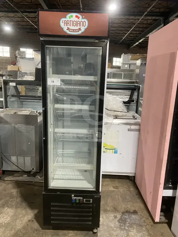 Commercial Black Gelato Merchandiser Freezer, model SD240, single glass swing door, LED light, on casters, poly coated wire racks.