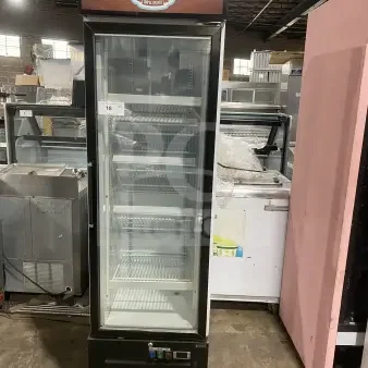 Commercial Black Gelato Merchandiser Freezer, model SD240, single glass swing door, LED light, on casters, poly coated wire racks.