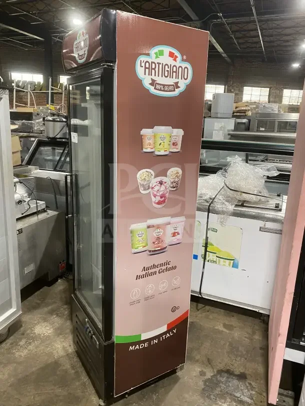 Commercial black gelato style merchandiser freezer, model SD240, single glass swing door, LED light, on casters, Italian branding.