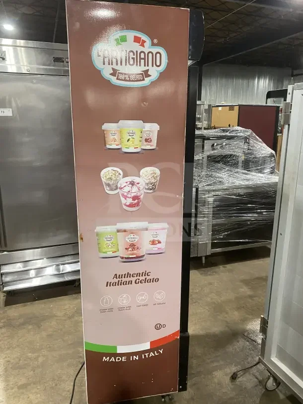 Commercial black gelato freezer, model SD240. Single glass swing door, door heater, LED light, wire racks, on casters.