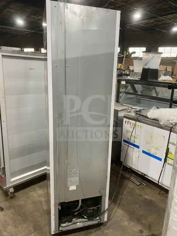 Commercial black gelato-style single glass swing door reach-in freezer, Model SD240, with door heater, LED light, and poly-coated wire racks. On casters. Visible label indicates specifications.