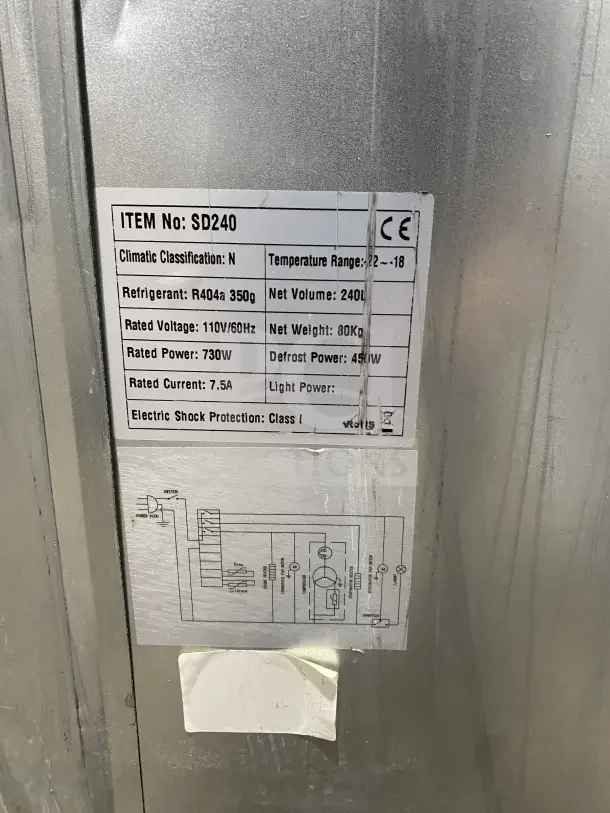 Commercial black gelato merchandiser freezer, model SD240, with single glass swing door, LED light, casters, and poly-coated wire racks. Visible label shows technical specifications.