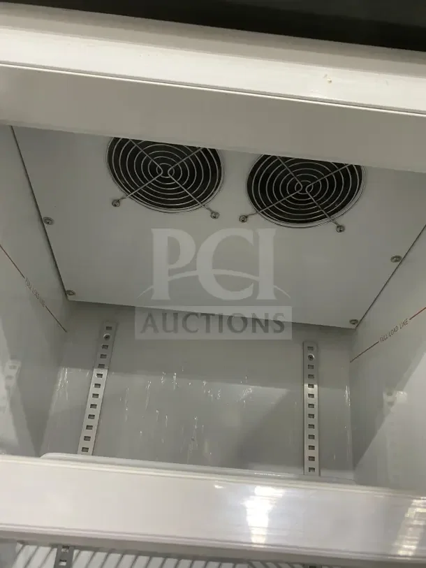 Commercial black gelato freezer SD240 model, single glass swing door, door heater, LED light, poly-coated wire racks, on casters.