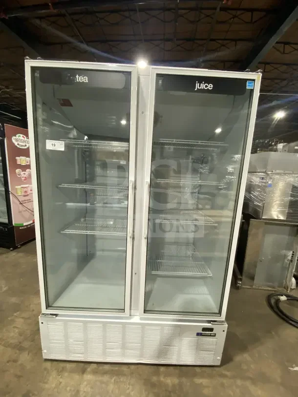 Master Bilt BMG-48 commercial 2-door glass freezer merchandiser with poly-coated wire racks, used, model BMG-48, 115V.