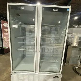 Master Bilt BMG-48 commercial 2-door glass freezer merchandiser with poly-coated wire racks, used, model BMG-48, 115V.