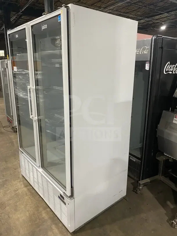 Master Bilt BMG-48 glass 2-door reach-in freezer merchandiser with poly-coated wire racks, 115V, 1 phase, model SN: 158572ICC01.