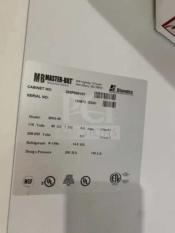 Master Bilt BMG-48 freezer label with specs: 115V, 60HZ, 1PH; R-134a refrigerant; NSF, UL certified. Model SN: 158572ICC01.