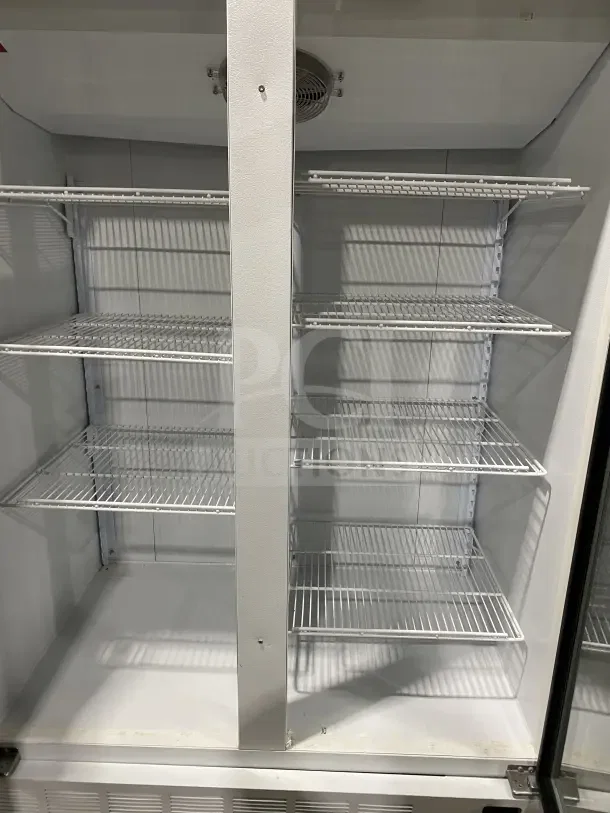 Master Bilt BMG-48 2-door glass freezer merchandiser, poly-coated wire racks, Model BMG-48, 115V, commercial use.