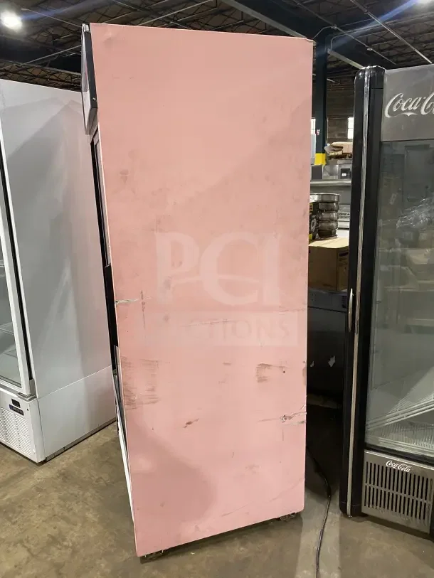 Everest EMGR33 commercial refrigerator, double glass sliding doors, poly-coated wire rack, visible wear, 115V 1 phase.
