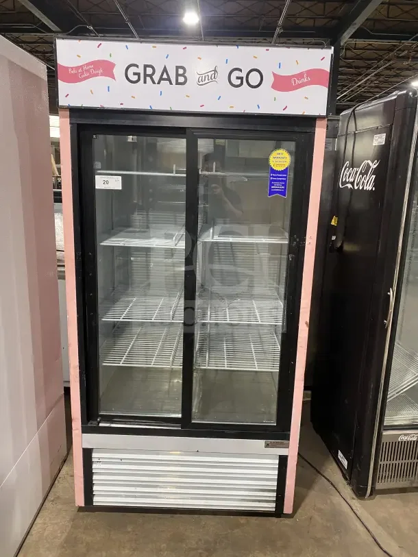 Everest EMGR33 commercial double glass door merchandiser refrigerator, poly-coated wire rack, 115V 1 Phase, "Grab and Go" signage.