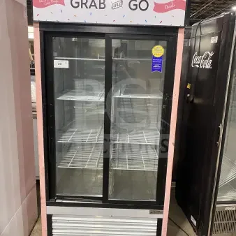 Everest EMGR33 commercial double glass door merchandiser refrigerator, poly-coated wire rack, 115V 1 Phase, "Grab and Go" signage.