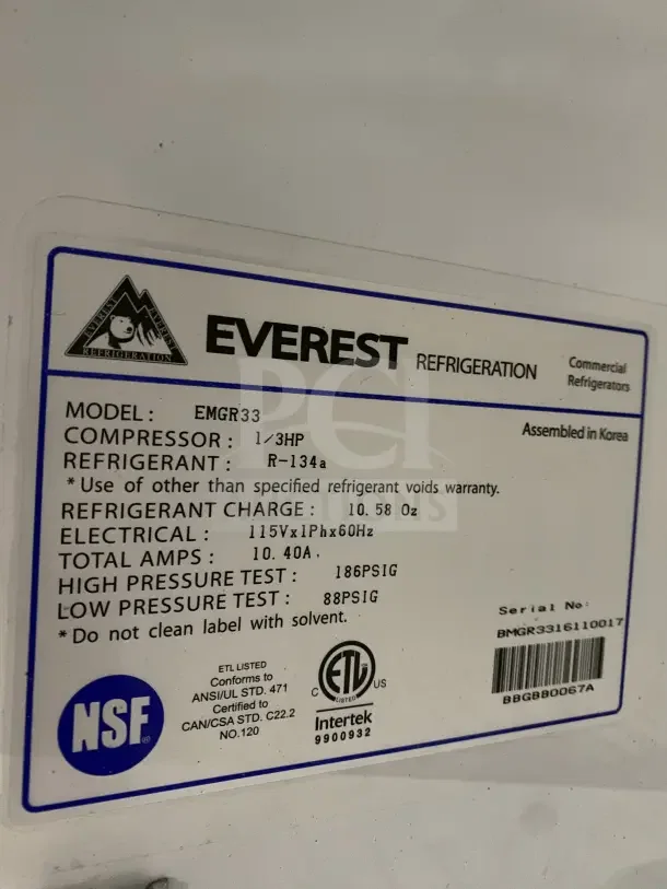 Everest EMGR33 refrigerator label; includes specs like 1/3HP compressor, R-134a refrigerant, 115V 1 Phase, ETL listed.