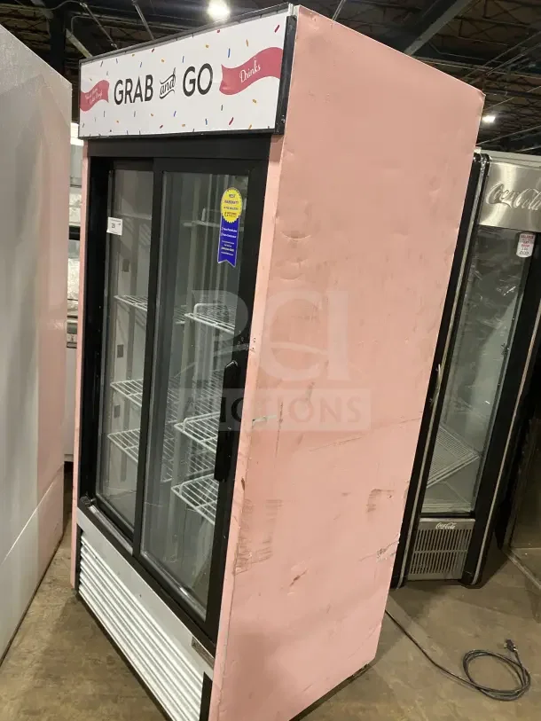 Everest EMGR33 commercial double glass sliding door merchandiser refrigerator with poly coated wire rack, pink exterior, 115V.