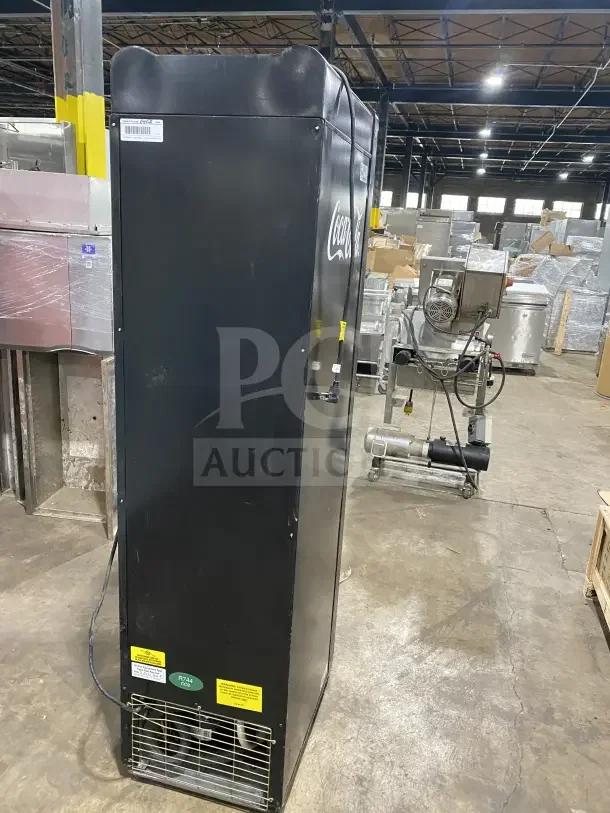 Imbera VR09CC CO12 black single glass door reach-in merchandiser refrigerator, poly coated rack, 115V, 1 Phase, visible markings.
