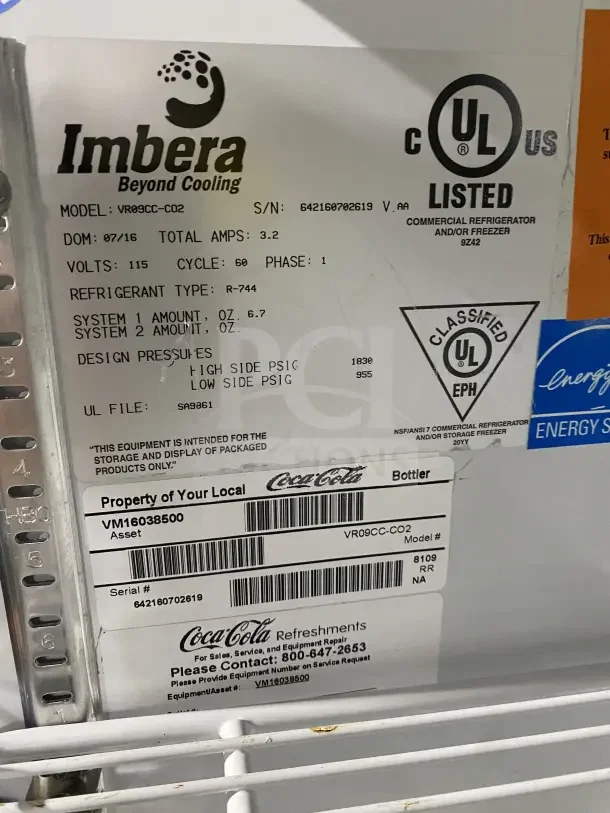 Imbera commercial black glass door refrigerator, Model VR09CC-CO12, with poly coated rack, 115V 1 Phase, SN: 642160702619.