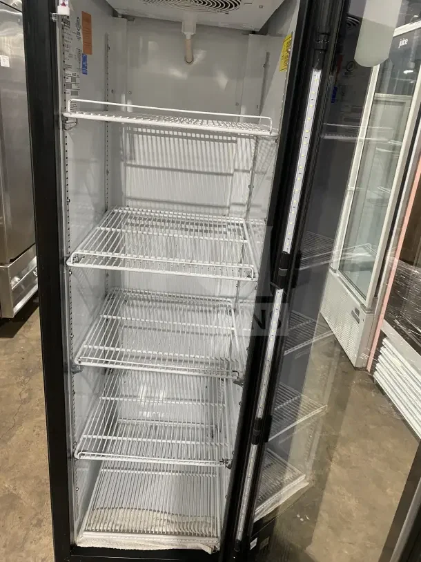 Imbera VR09CC CO12 black single glass door merchandiser fridge, poly-coated racks, model SN 642160702619, 115V 1 Phase.