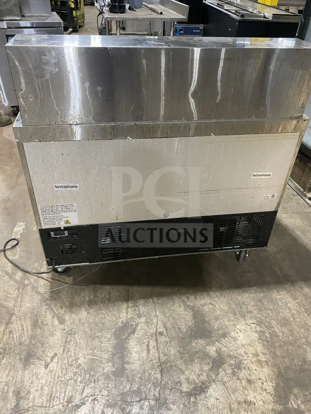 Commercial stainless steel 2-door refrigerated prep table, HKN-SPMT48R2E, with cutting board, on casters, used condition.