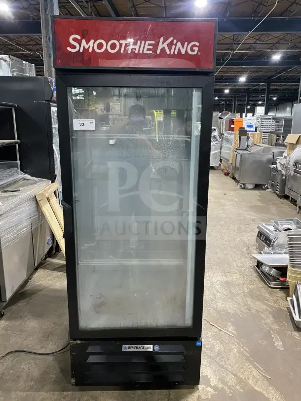 Beverage Air LV27-1-B commercial glass door refrigerator with poly-coated wire rack. Model SN: 10707577. 115V, 1 Phase.