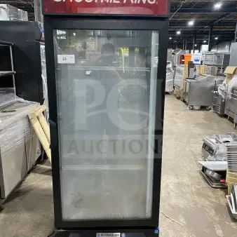 Beverage Air LV27-1-B commercial glass door refrigerator with poly-coated wire rack. Model SN: 10707577. 115V, 1 Phase.
