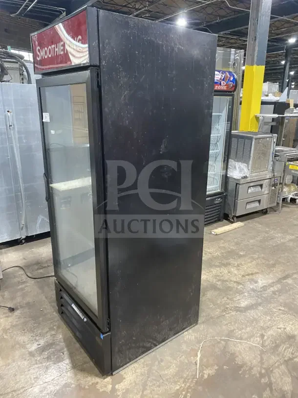 Beverage Air commercial refrigerator LV27-1-B, single glass swing door, poly coated wired rack, 115V, used condition.