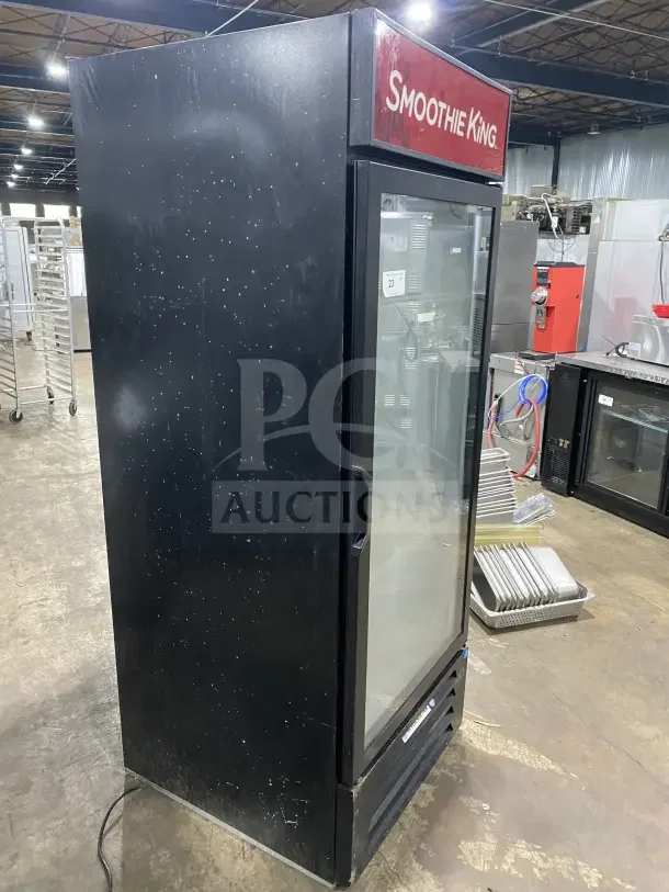 Beverage Air Model LV27-1-B commercial refrigerator with glass swing door, poly-coated rack, and black exterior.