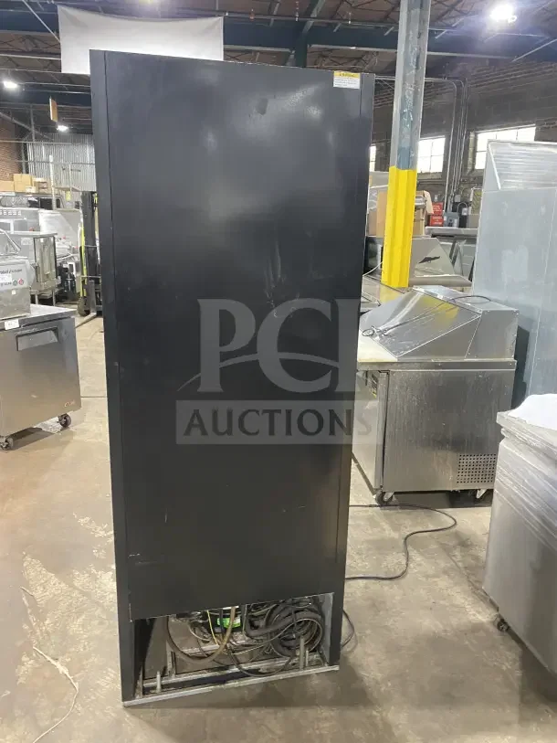 Beverage Air Commercial Refrigerator, Model LV27-1-B, single glass door, poly-coated rack, back view, used condition.