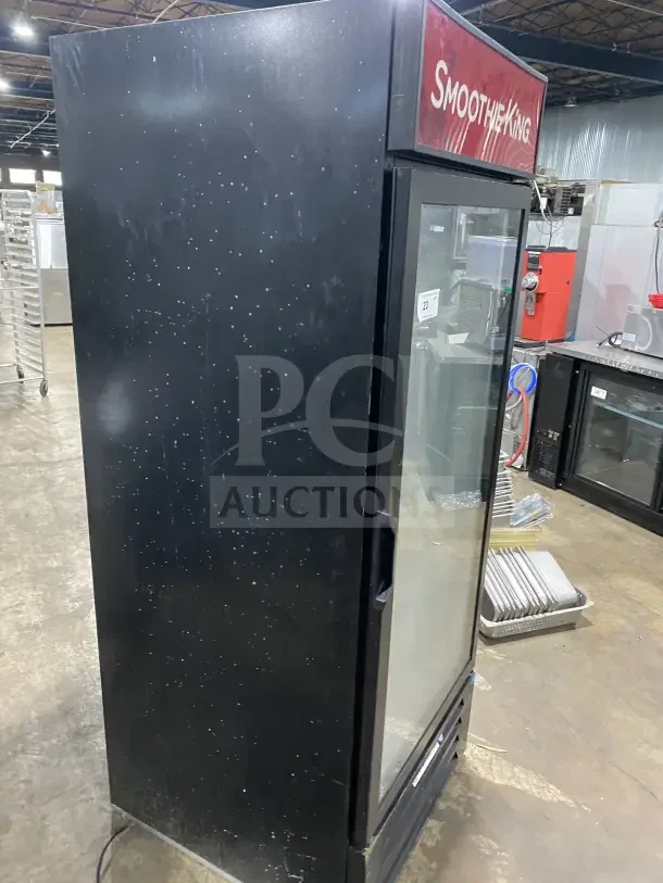 Beverage Air LV27-1-B reach-in merchandiser refrigerator, single glass door, poly-coated rack, model SN 10707577, 115V 1 Phase.