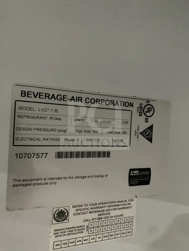 Beverage Air LV27-1-B merchandiser refrigerator label showing model, refrigerant details, and electrical ratings.