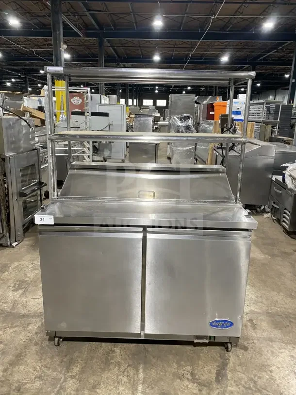 Entree S48 stainless steel 2-door refrigerated prep table with double overhead shelf, model S48, on casters, 115V 1 Phase.
