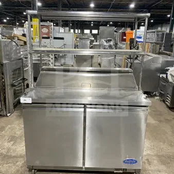 Entree S48 stainless steel 2-door refrigerated prep table with double overhead shelf, model S48, on casters, 115V 1 Phase.