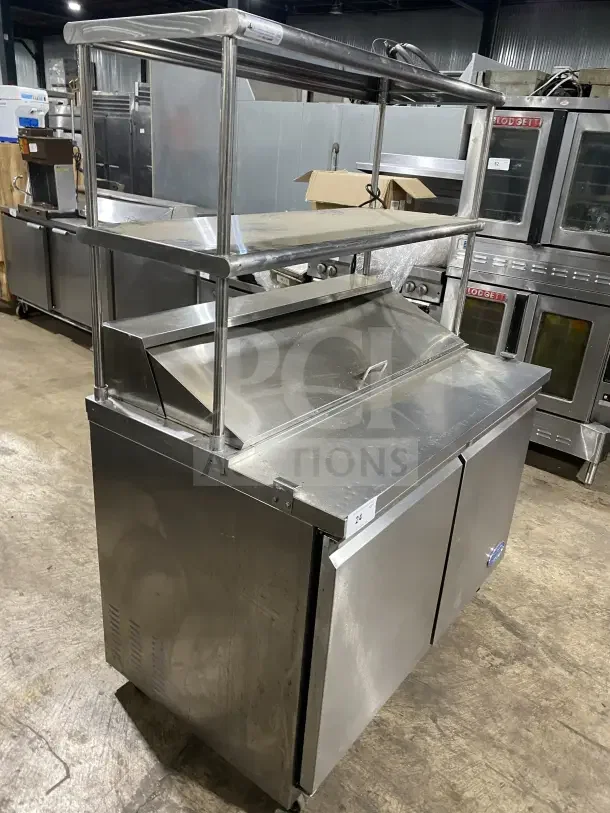 Entree S48 stainless steel 2-door refrigerated prep table with bain marie, double overhead shelf, on casters. Model: S48.